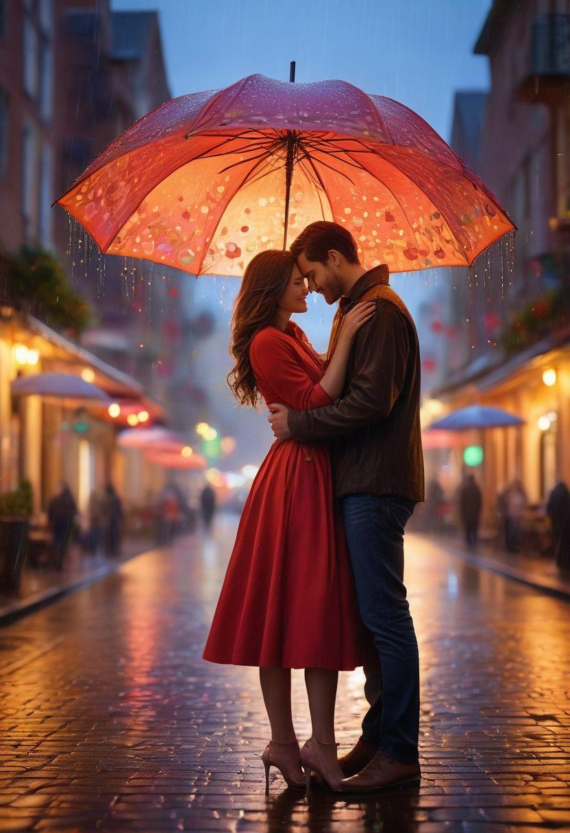 A romantic couple embracing under an umbrella in the rain, surrounded by colorful hearts and protection symbols. The scene captures the essence of love and security, with soft, glowing light highlighting their features. In the background, a cityscape fades distantly, symbolizing the outside world's challenges. The overall mood is warm and inviting, emphasizing the theme of safeguarding love. super-realistic. vibrant colors. soft focus.