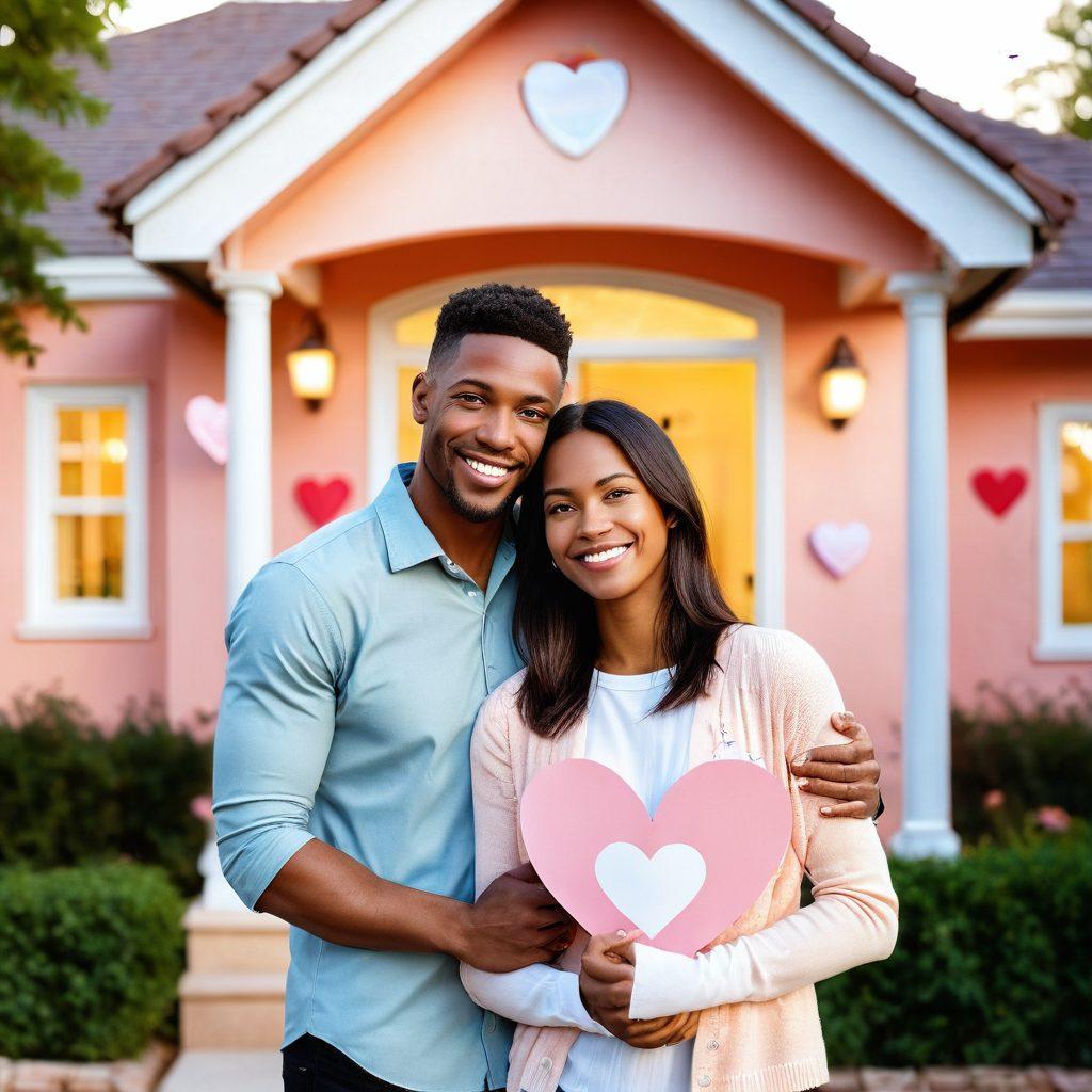 A warm and inviting scene depicting a couple surrounded by heart-shaped symbols, holding an insurance policy with a background of a cozy home. The couple exudes joy and security, with soft light illuminating their faces and playful pastel colors enhancing the feeling of love. Symbols of protection like a shield can be incorporated subtly in the background. super-realistic. vibrant colors. soft focus.