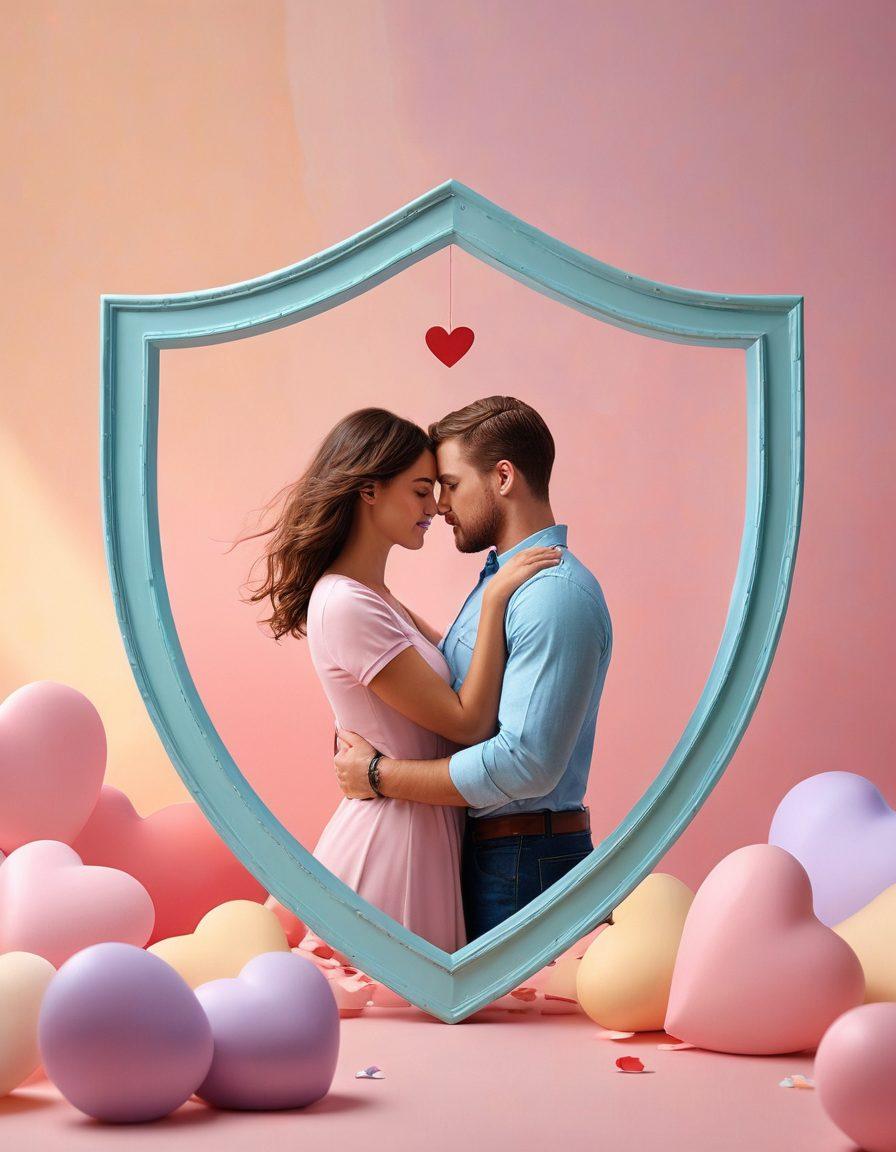 A couple lovingly embracing, surrounded by protective symbols like hearts and shields representing insurance concepts. Soft pastel colors blend to create a warm, inviting atmosphere. Elements like policy documents and key icons subtly integrated into the background to symbolize protection. The scene evokes feelings of safety and affection. super-realistic. vibrant colors.